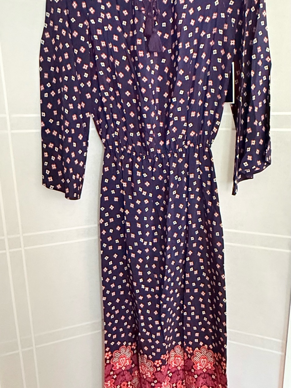Juicy Couture Navy Floral Border Print Midi Dress with Pink Accents